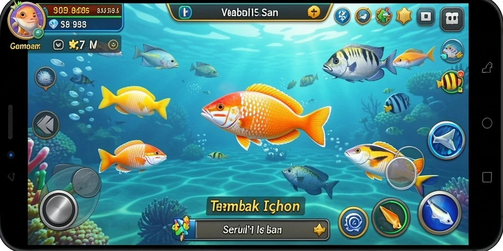 Screenshot 47F menampilkan aksi menembak ikan dalam gameplay.