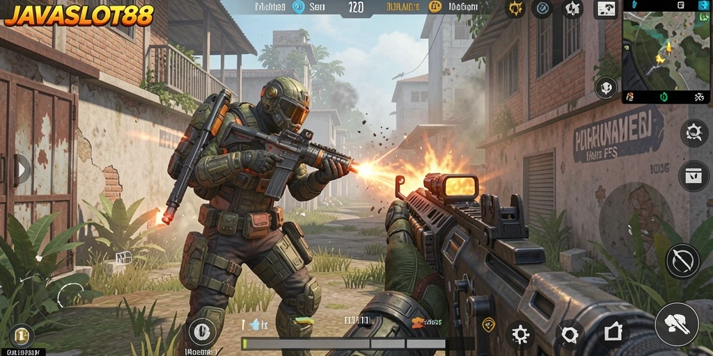 Screenshot aksi epik gameplay JAVASLOT88 dalam pertempuran FPS.