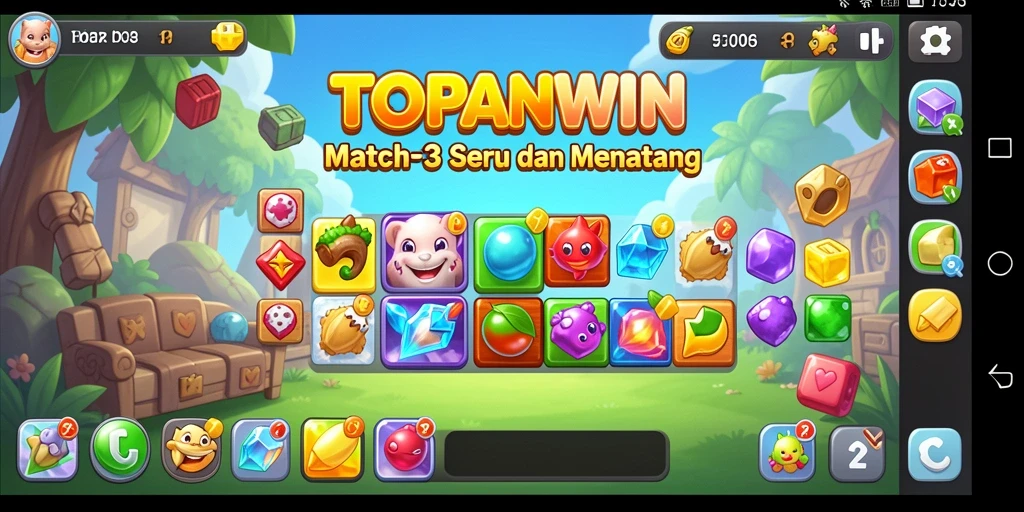 Tangkapan layar gameplay utama TOPANWIN yang menunjukkan keseruan permainan Match-3.