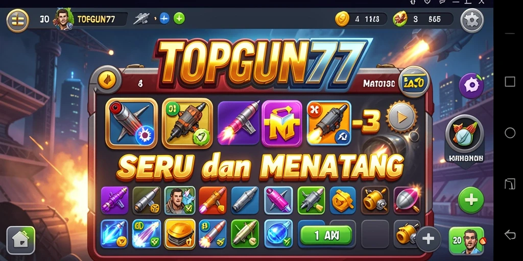 Tampilan gameplay seru di TOPGUN77 dengan pencocokan item match-3.